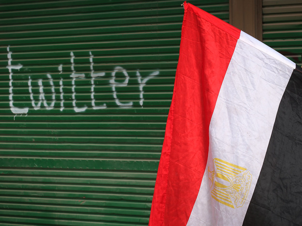 A shop in Tahrir Square is spray-painted with the word "twitter" after the government shut off Internet access in February 2011 in Cairo, Egypt.