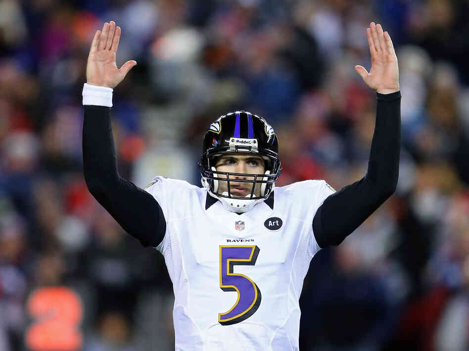 Quarterback Joe Flacco of the Baltimore Ravens celebrates after a touchdown against the New England Patriots during the 2013 AFC Championship on Jan. 20.