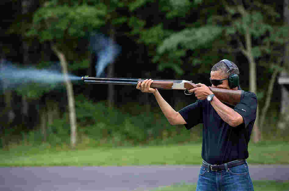 President Obama shoots clay targets on the range at Camp David in Maryland on Aug. 4.