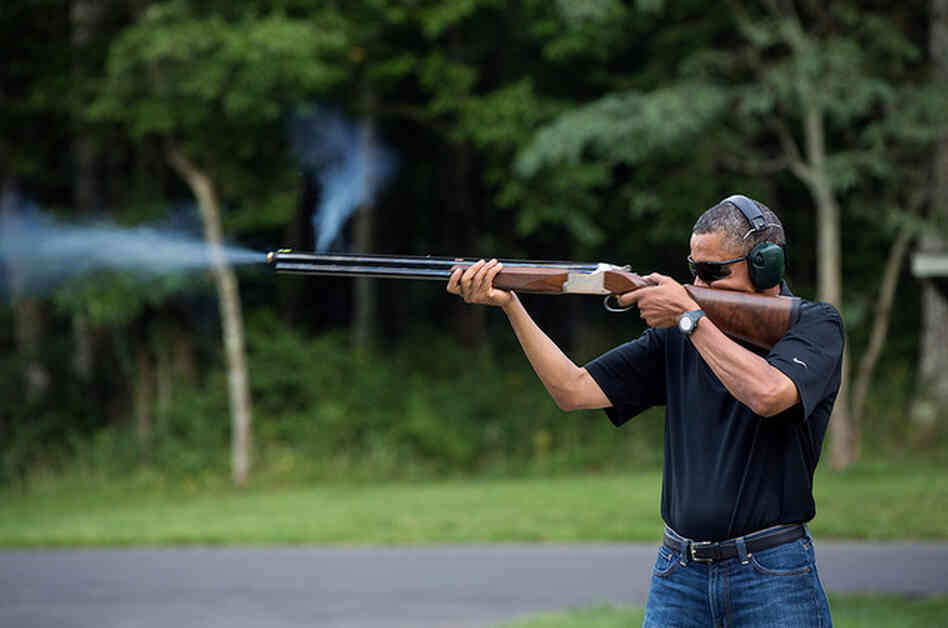 President Obama shoots clay targets on the range at Camp David in Maryland on Aug. 4.