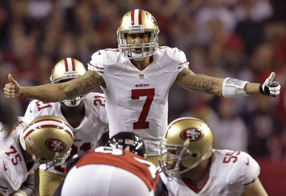 San Francisco 49ers quarterback Colin Kaepernick signals to the line during the second half of the NFL football NFC Championship game Jan. 20. San Francisco 49ers quarterback Colin Kaepernick signals to the line during the second half of the NFL football NFC Championship game Jan. 20.