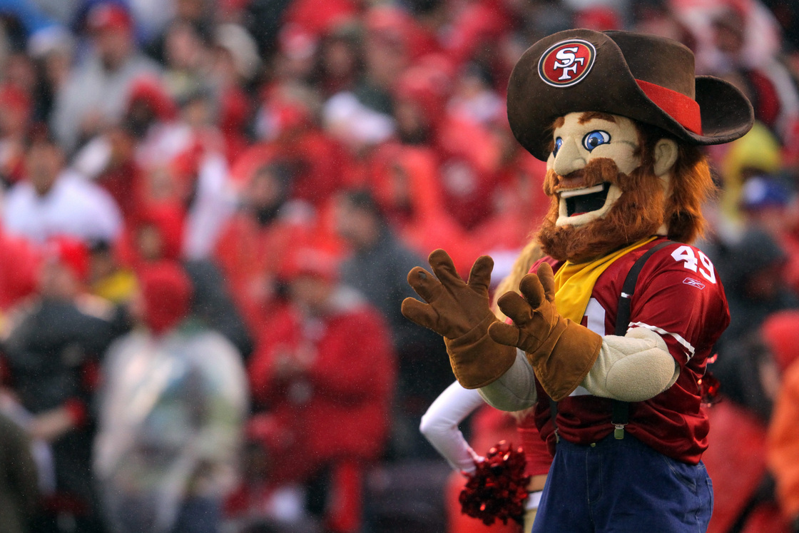 Sourdough Sam, the mascot for the San Francisco 49ers, looks on in January 2012.