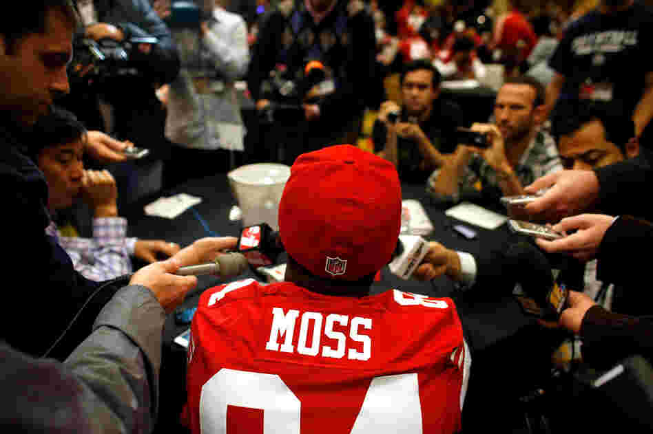 Randy Moss of the San Francisco 49ers addresses the media on Jan. 31. Randy Moss of the San Francisco 49ers addresses the media on Jan. 31.
