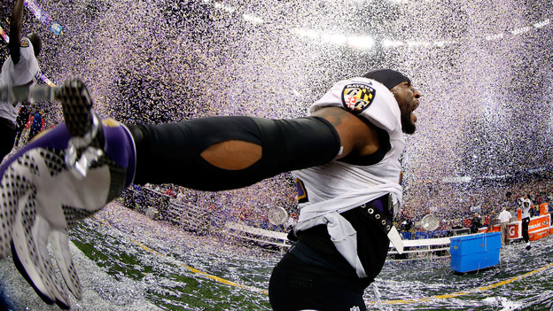 Ray Lewis of the Baltimore Ravens celebrates after defeating the San Francisco 49ers during Super Bowl XLVII at the Mercedes-Benz Superdome Sunday in New Orleans, La.