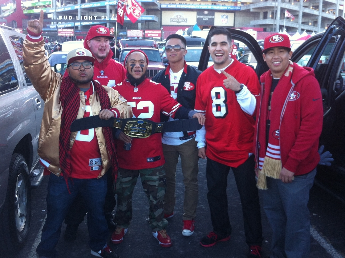 49ers fan Kristofer Noceda (third from left) with friends at Candlestick Park in San Francisco.