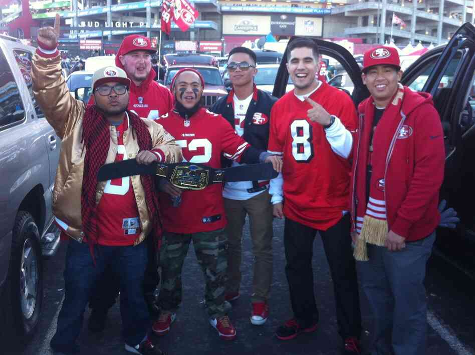 49ers fan Kristofer Noceda (third from left) with friends at Candlestick Park in San Francisco.