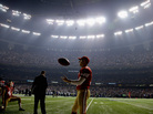Kicker David Akers of the San Francisco 49ers waits during a power outage that occurred in the third quarter that caused a 34-minute delay during Super Bowl XLVII. Kicker David Akers of the San Francisco 49ers waits during a power outage that occurred in the third quarter that caused a 34-minute delay during Super Bowl XLVII.