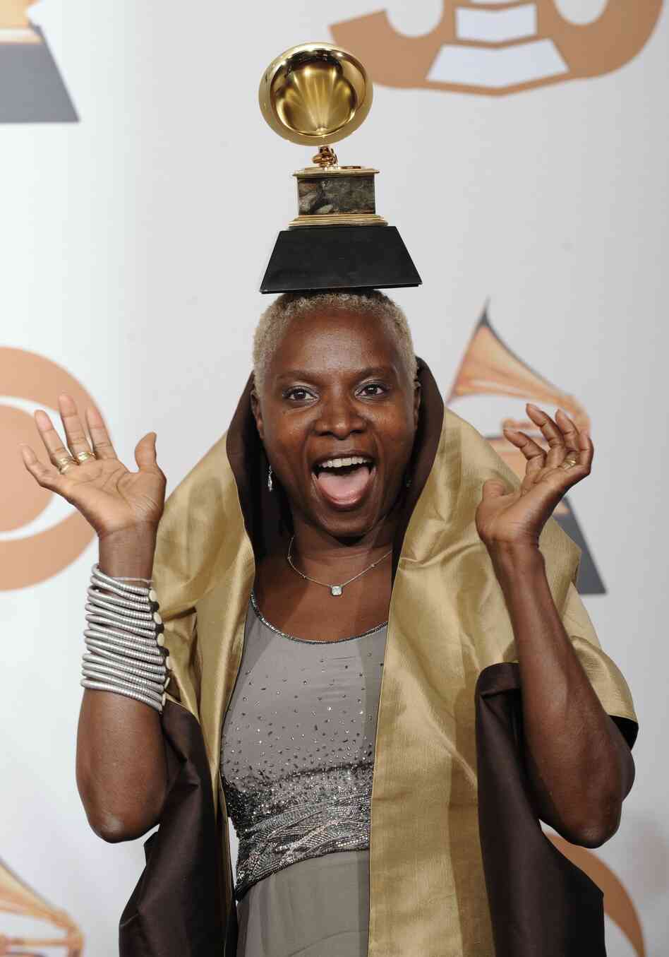 Angelique Kidjo is seen with her award for best contemporary world music album for "Djin Djin" at the 50th Annual Grammy Awards on Feb. 10, 2008, in Los Angeles.