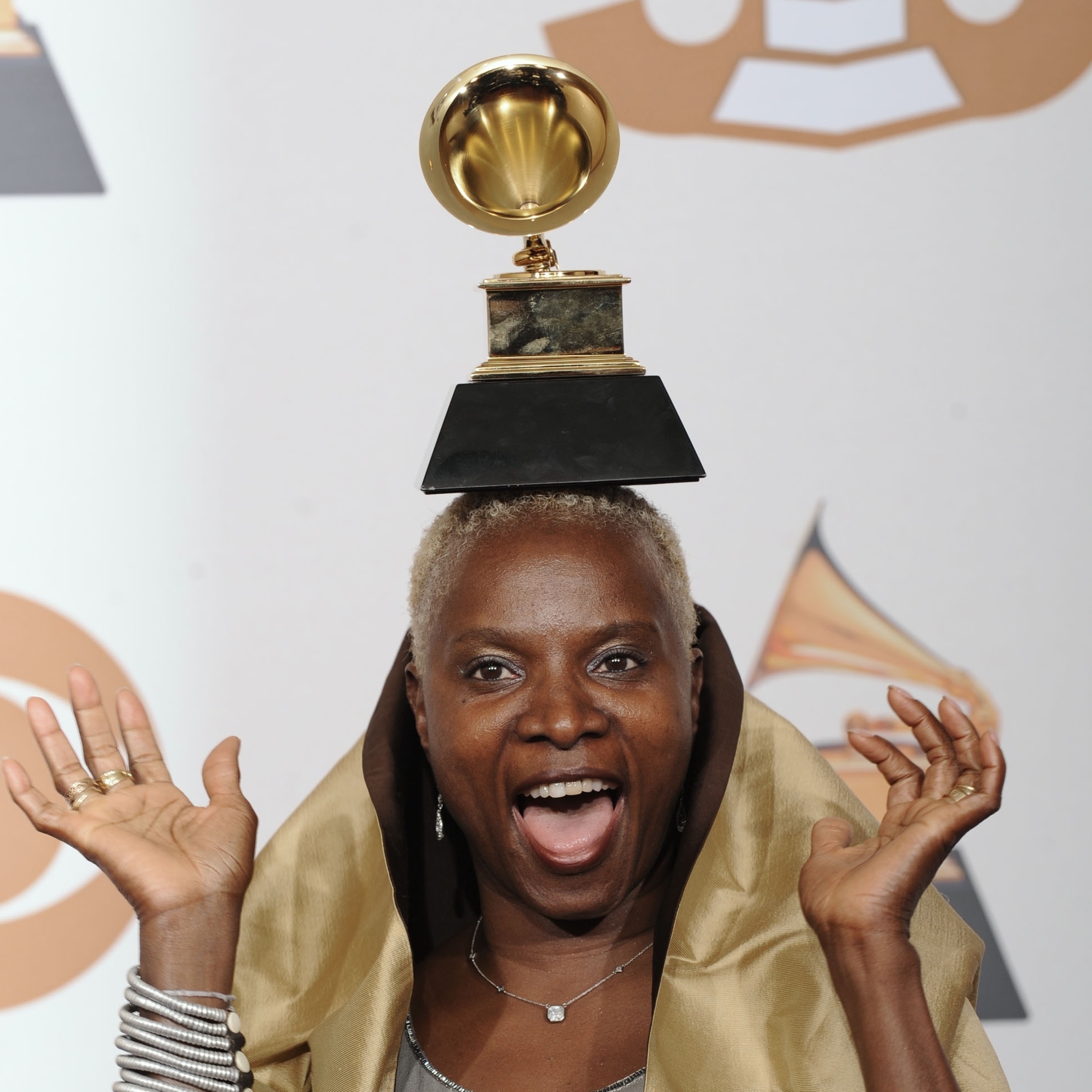 Angelique Kidjo is seen with her award for best contemporary world music album for "Djin Djin" at the 50th Annual Grammy Awards on Feb. 10, 2008, in Los Angeles.