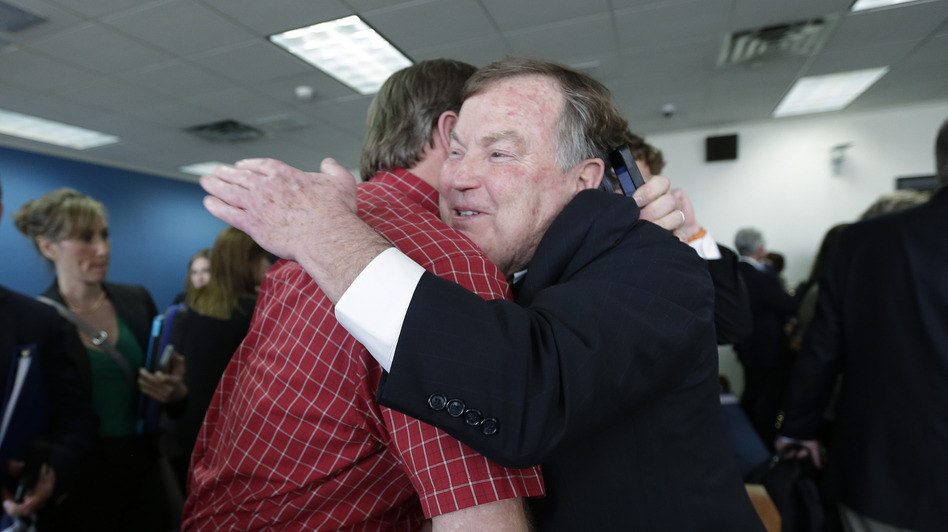 Attorney Rick Gray, representing more than 400 districts mostly in poorer areas of the state, is congratulated Monday in Austin following a ruling in a consolidated six-lawsuit case contending the school finance system violates the Texas Constitution.