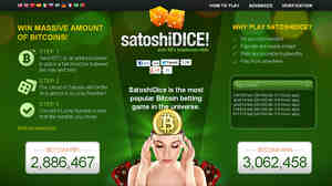 An image depicts the SatoshiDice website, which exclusively uses Bitcoin, not dollars, for gambling.