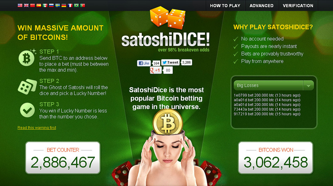 An image depicts the SatoshiDice website, which exclusively uses Bitcoin, not dollars, for gambling.