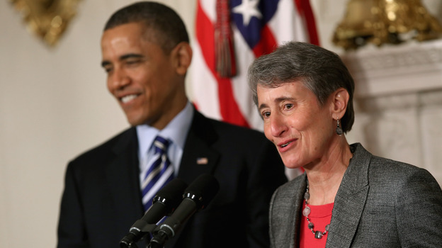 REI CEO Sally Jewell delivers remarks Wednesday after being nominated by President Obama to be the next secretary of the interior.