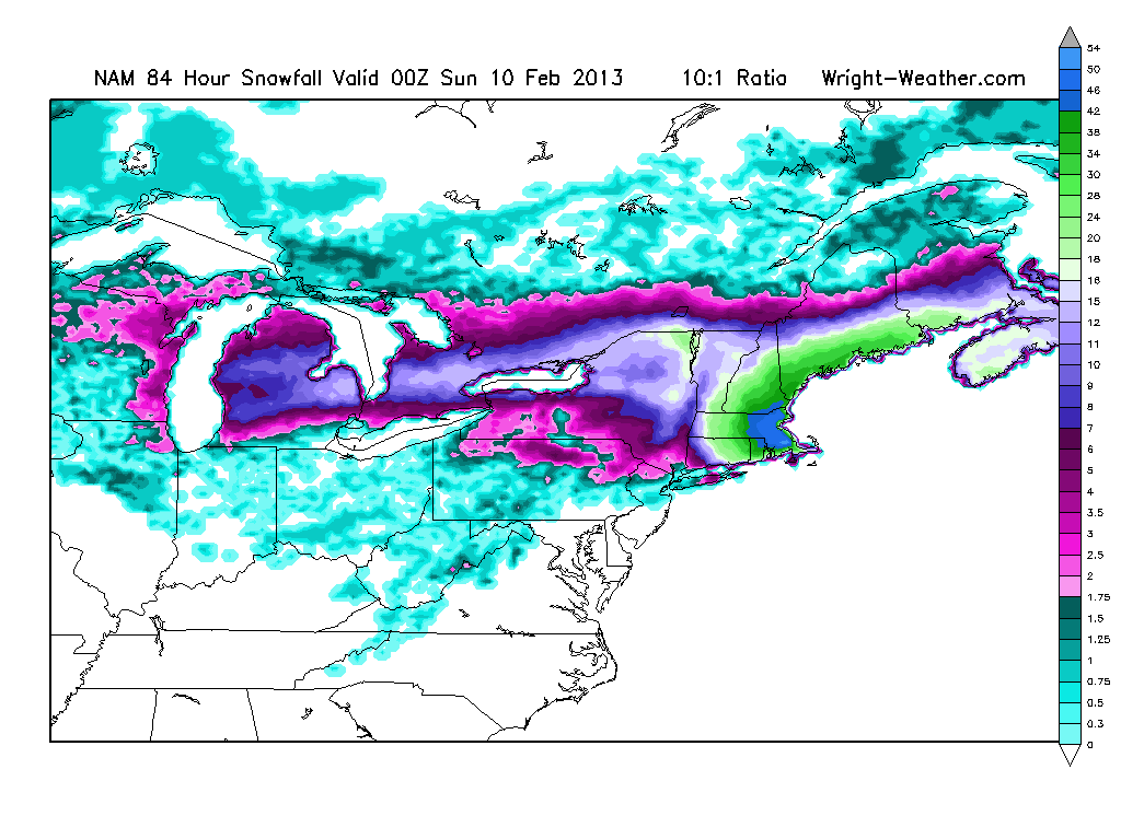The NAM model shows one of the more severe resolutions, with up to 50 inches of snow in some parts of New England.