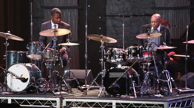 Marcus Gilmore (left) and Roy Haynes perform together in Washington, D.C., in 2009. Haynes' daughter is Gilmore's mother.