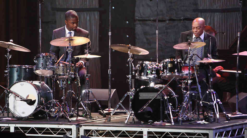 Marcus Gilmore (left) and Roy Haynes perform together in Washington, D.C., in 2009. Haynes' daughter is Gilmore's mother.