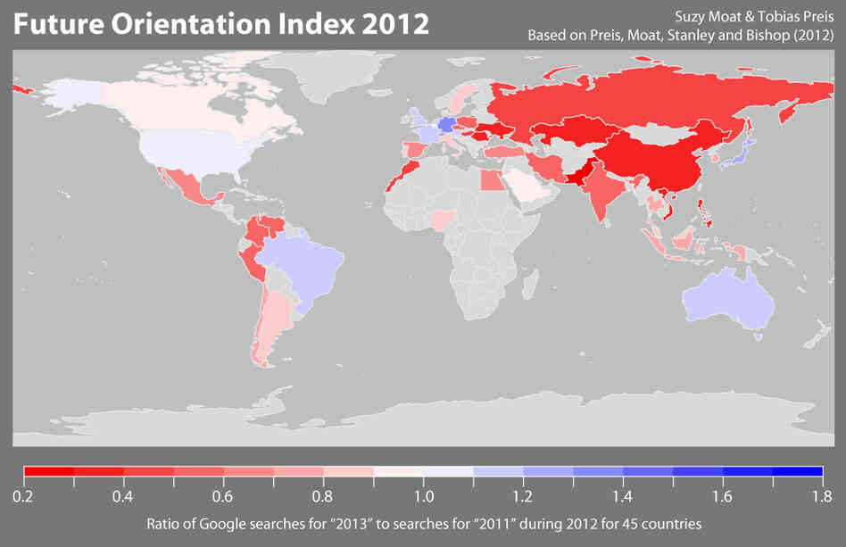 The Future Orientation index shows a strong correlation between Internet activity and its gross domestic product. Countries in blue are deemed forward-looking.