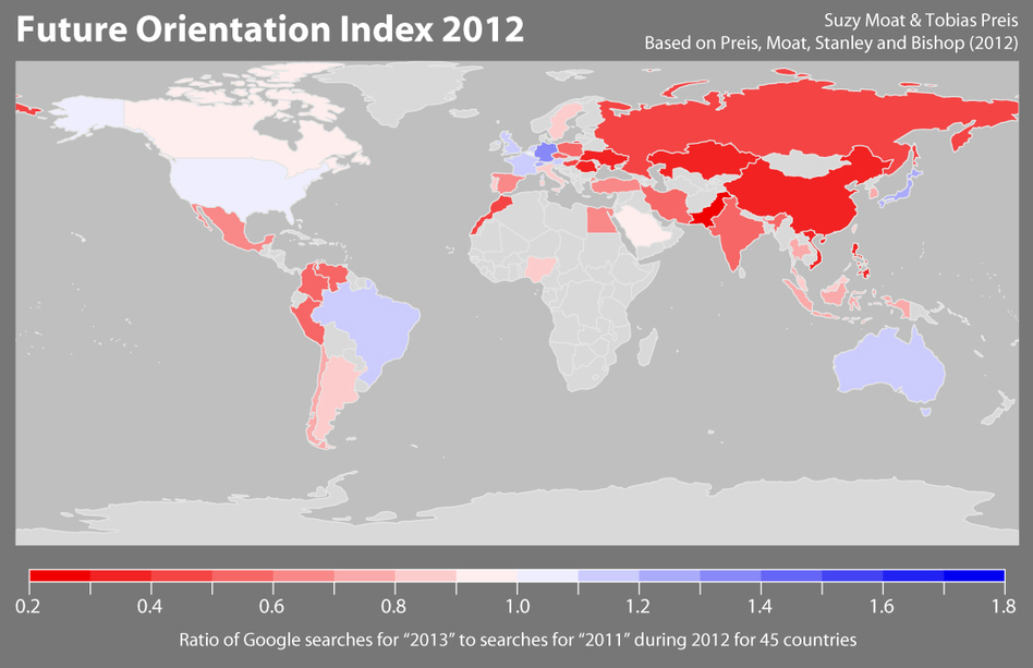 The Future Orientation index shows a strong correlation between Internet activity and its gross domestic product. Countries in blue are deemed forward-looking.