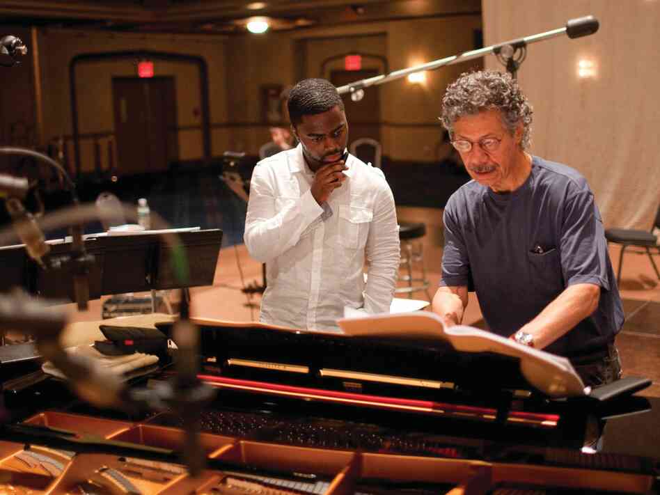 Chick Corea discusses a passage with Marcus Gilmore during the recording sessions for the two-disc set The Continents. Corea recently recorded another album featuring Gilmore.