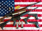 A photo illustration showing a Remington 20-gauge semi-automatic shotgun, a Colt AR-15 semi-automatic rifle, a Colt .45 semi-auto handgun, a Walther PK380 semi-auto handgun and various ammunition clips with a copy of the US Constitution on top of the American flag. A photo illustration showing a Remington 20-gauge semi-automatic shotgun, a Colt AR-15 semi-automatic rifle, a Colt .45 semi-auto handgun, a Walther PK380 semi-auto handgun and various ammunition clips with a copy of the US Constitution on top of the American flag.