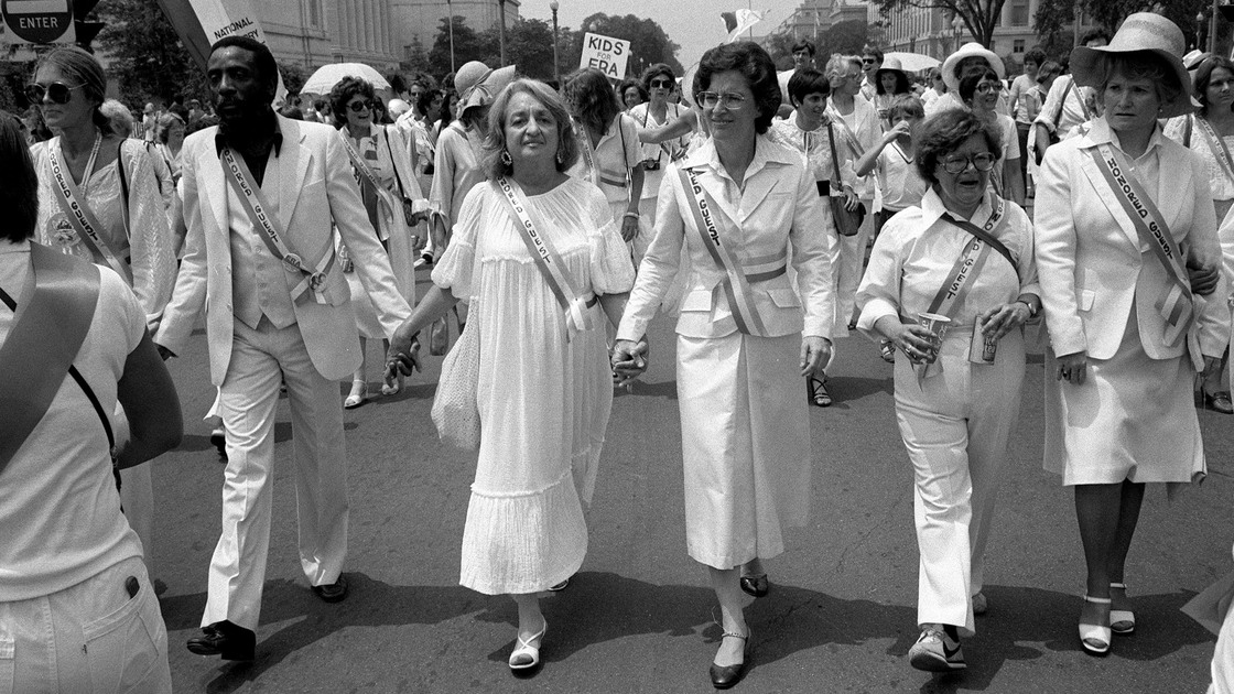 Leading supporters of the Equal Rights Amendment march in Washington on Sunday, July 9, 1978, urging Congress to extend the time for ratification of the ERA. From left: Gloria Steinem, Dick Gregory, Betty Friedan, Rep. Elizabeth Holtzman, D-N.Y., Rep. Barbara Mikulski, D-Md., Rep. Margaret Heckler, R-Mass.