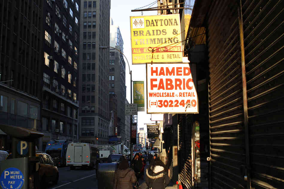 Since 1985, New York's historic apparel manufacturing center has lost tens of thousands of jobs, according to a survey released last year. Yet many designers still rely on stores like these, on West 39th Street.