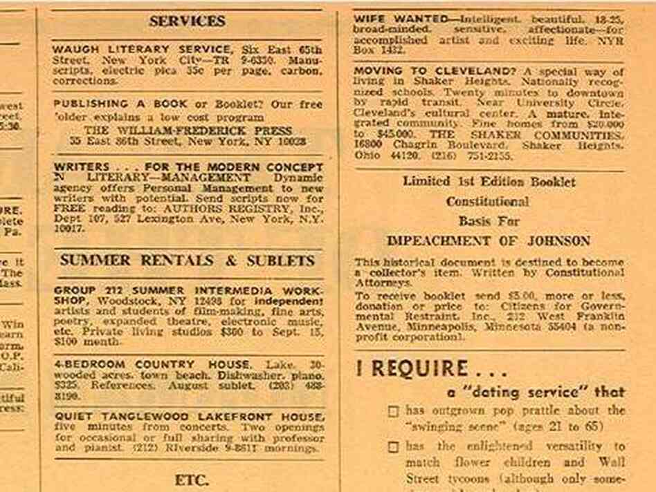 Look in the upper-right corner of this image for the very first personal ad to appear in The New York Review of Books, on July 11, 1968.