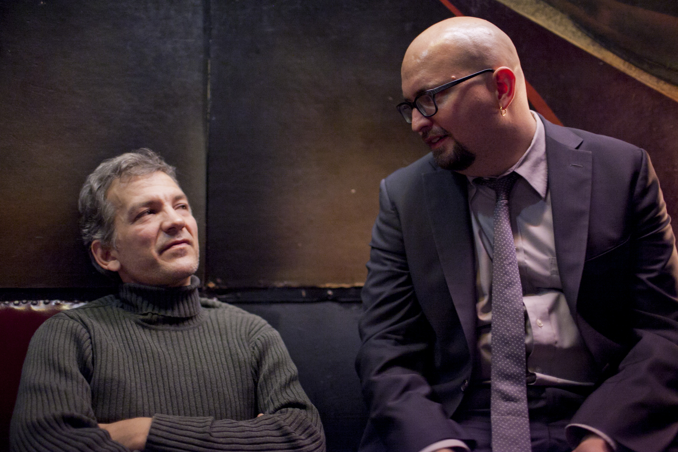 Pianist Brad Mehldau, left, came by the Village Vanguard to see his friends play. He chats with fellow piansit Ethan Iverson.