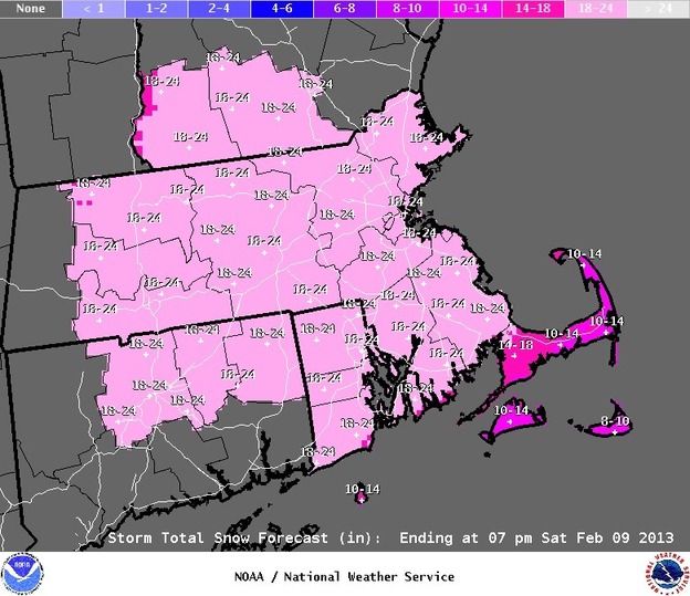 The National Weather Service's latest forecast of the snow totals across New England. Most places can expect 18-24 inches of new snow. It will start falling Friday and the storm is expected to last through Saturday.