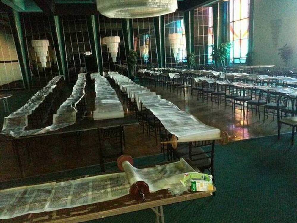 Torahs are draped on chairs and tables at Temple Israel of Long Beach, N.Y. The synagogue was flooded during Superstorm Sandy, but hasn't received federal aid.