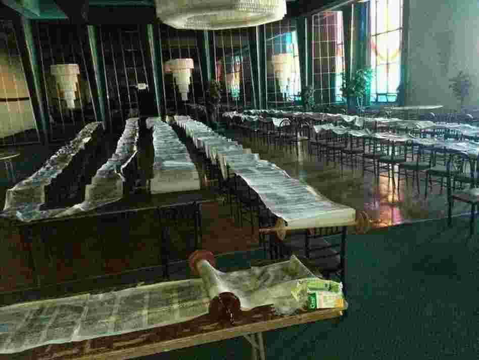 Torahs are draped on chairs and tables at Temple Israel of Long Beach, N.Y. The synagogue was flooded during Superstorm Sandy, but hasn't received federal aid.