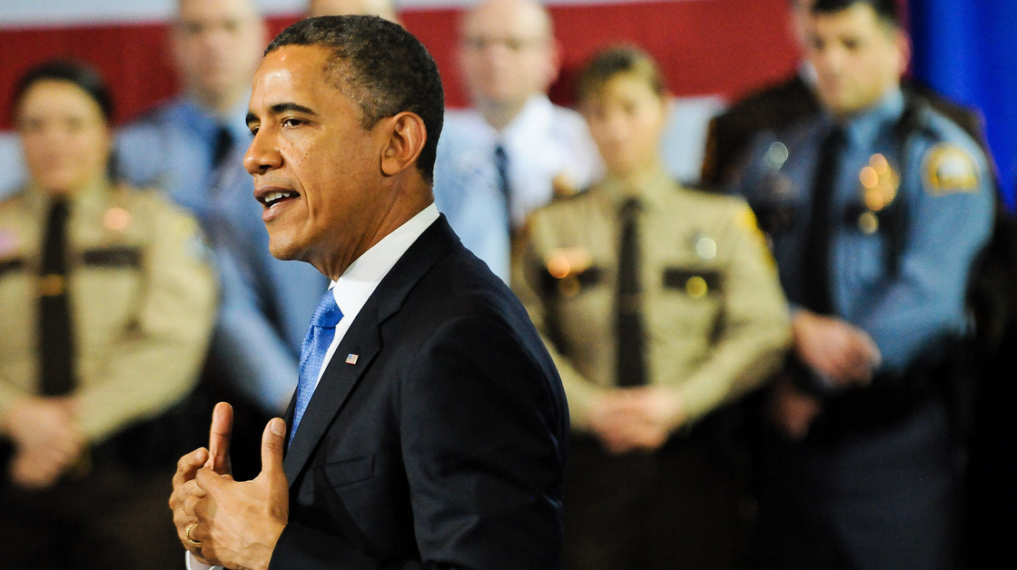 President Obama speaks about his gun control agenda before law enforcement officials in Minneapolis on Monday. The president was doing what his aides say he didn't do often enough in his first term: getting outside of Washington to build public support for legislation.