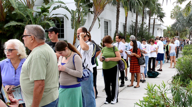People wait to vote on Election Day in November at the Surfside Town Hall in Miami.