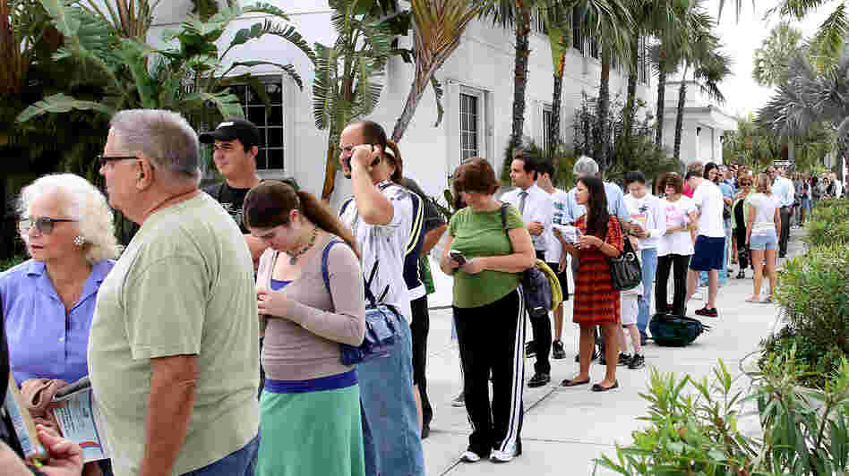 People wait to vote on Election Day in November at the Surfside Town Hall in Miami.