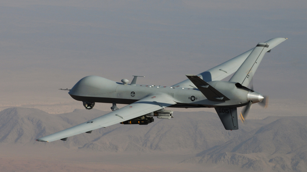 An unmanned drone armed with Hellfire missiles is shown over southern Afghanistan. A Hellfire missile fired from a drone was used in 2011 to kill an American in Yemen who the Obama administration says was an al-Qaida leader. Another American died in that attack, and a 16-year-old American was killed in a separate drone strike.