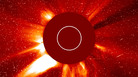 In photo from the Solar and Heliospheric Observatory, a major solar eruption is shown in progress Oct. 29, 2003. A large coronal mass ejection is being hurled toward the Earth. In photo from the Solar and Heliospheric Observatory, a major solar eruption is shown in progress Oct. 29, 2003. A large coronal mass ejection is being hurled toward the Earth.