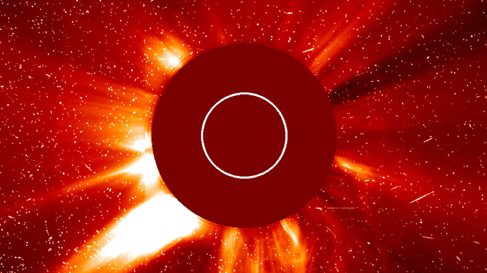 In photo from the Solar and Heliospheric Observatory, a major solar eruption is shown in progress Oct. 29, 2003. A large coronal mass ejection is being hurled toward the Earth.