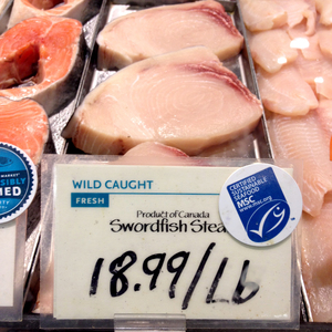 Swordfish from Canada are marked with a label from the Marine Stewardship Council at a Whole Foods in Washington, D.C. The MSC says its label means the fish were caught by a sustainable fishery, but critics says it's not always so clear.