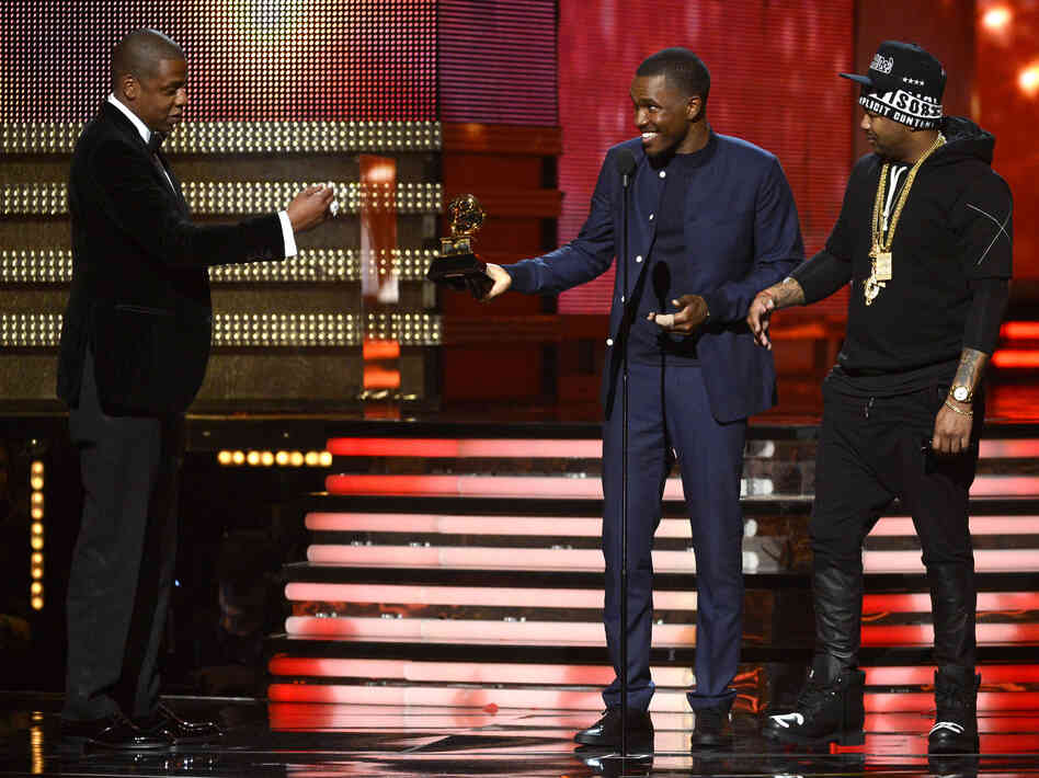 They definitely got this one right: Jay-Z, Frank Ocean and The-Dream accept the Grammy for best rap/sung collaboration.