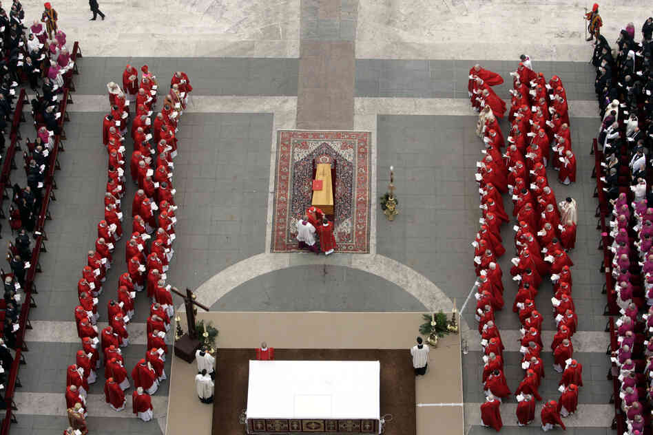 Ratzinger conducts a funeral Mass for Pope John Paul II in St. Peter's Square, Vatican City, on April 8, 2005.