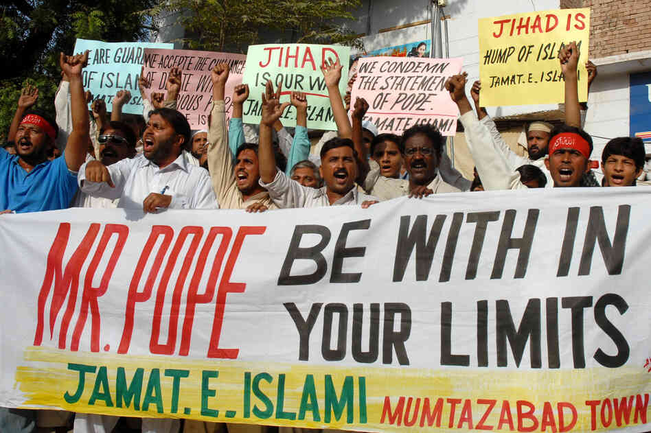 In September 2006, Pakistani Muslims hold a rally in Multan, Pakistan, to protest the pope's controversial comments on Islam. During a speech in Germany, the pontiff had quoted a Byzantine emperor who disparaged Islam.