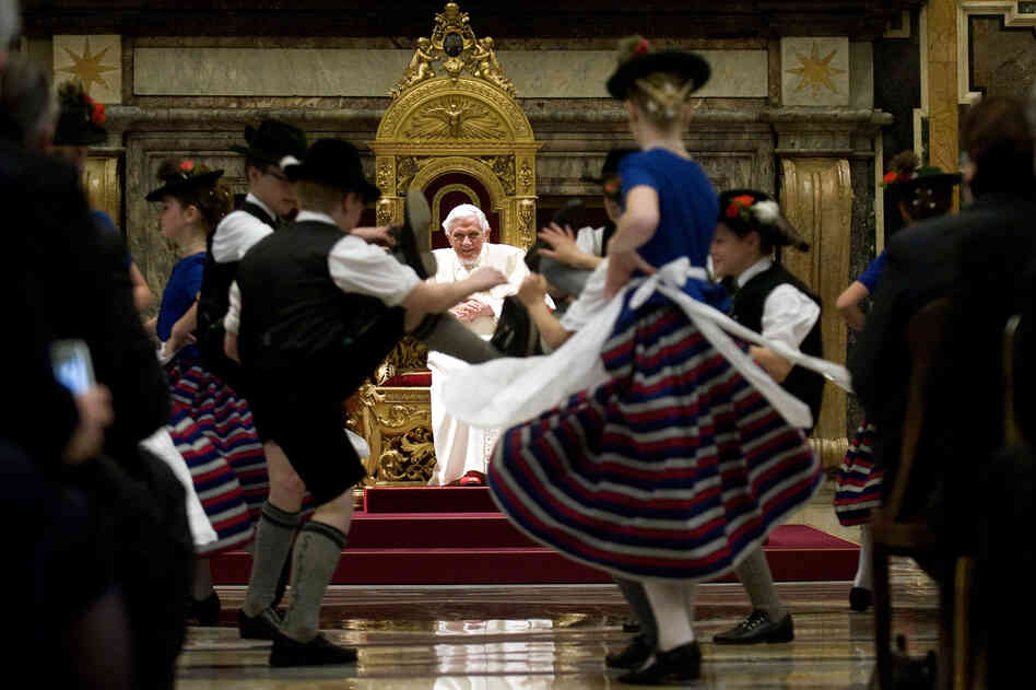 Children dressed in traditional Bavarian costumes dance for the pontiff in April 2012 in Vatican City, during his 85th birthday celebrations.