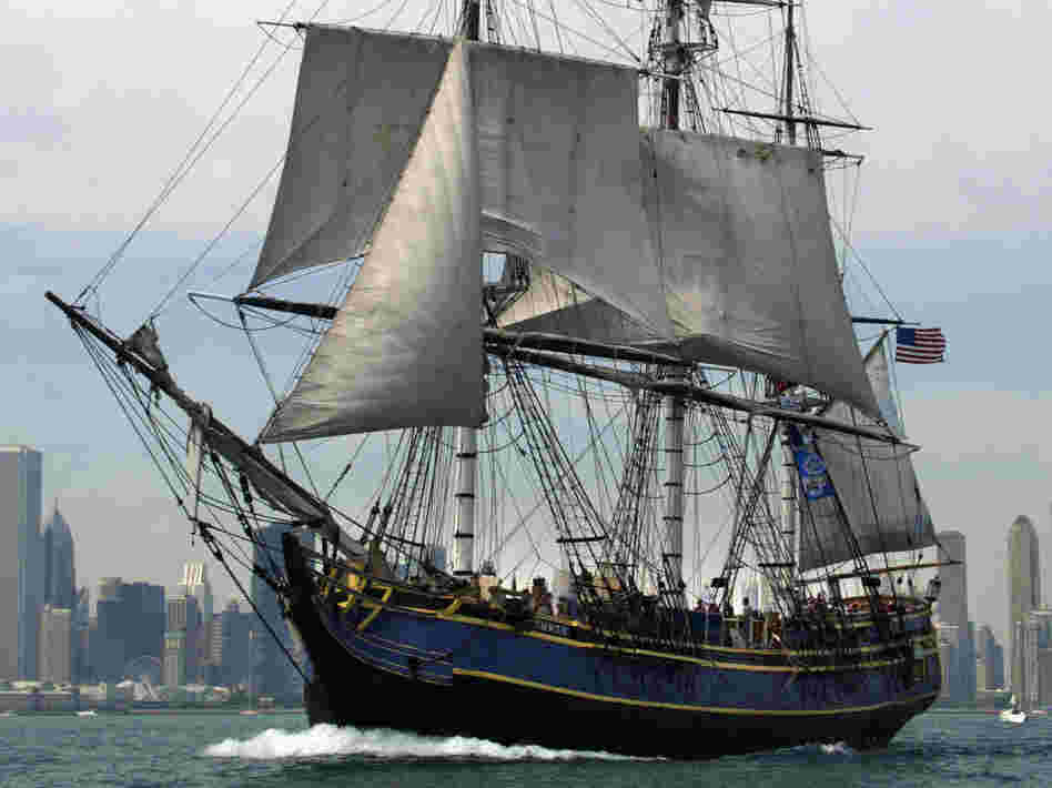 The HMS Bounty replica sails past the Chicago skyline in July 2003.