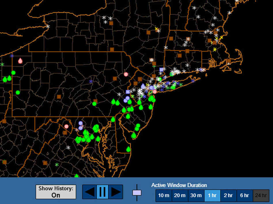 This map shows data reported by users of the mPING app during Friday's blizzard in the Northeast. This map shows data reported by users of the mPING app during Friday's blizzard in the Northeast.