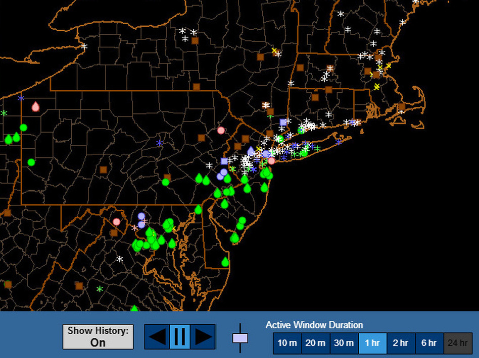 This map shows data reported by users of the mPING app during Friday's blizzard in the Northeast.