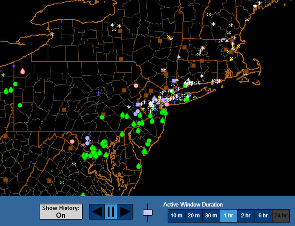 This map shows data reported by users of the mPING app during Friday's blizzard in the Northeast.