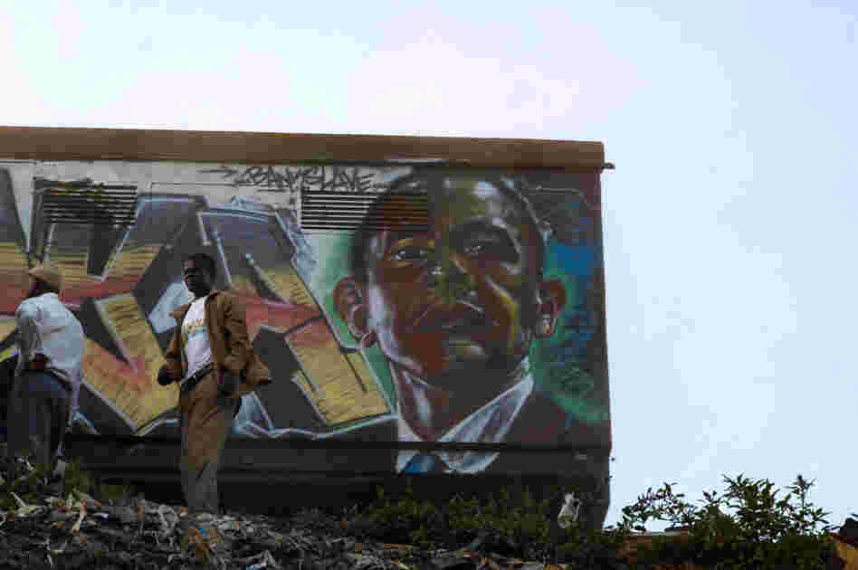U.S. President Barack Obama as rendered by the artist Bankslave, who was born and still lives in the Kibera slum. During the previous election violence, looters spared his house when they recognized him as 
