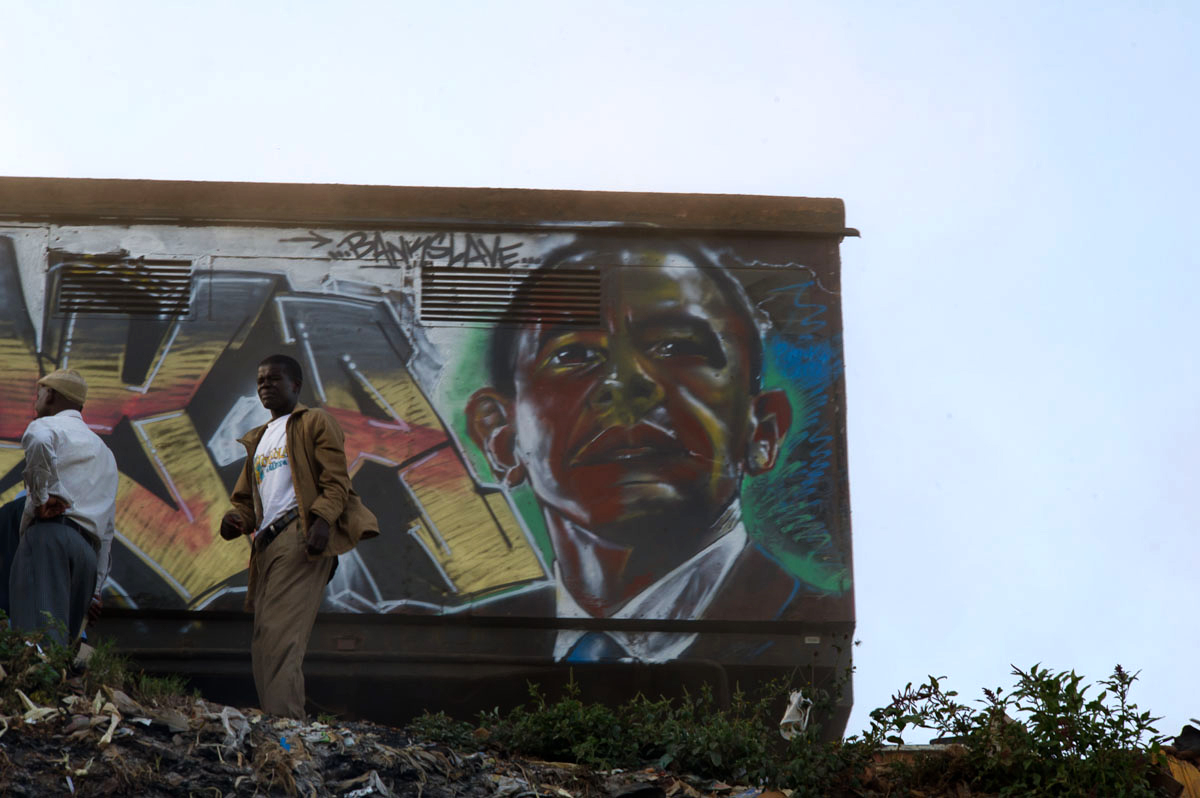 U.S. President Barack Obama as rendered by the artist Bankslave, who was born and still lives in the Kibera slum. During the previous election violence, looters spared his house when they recognized him as 