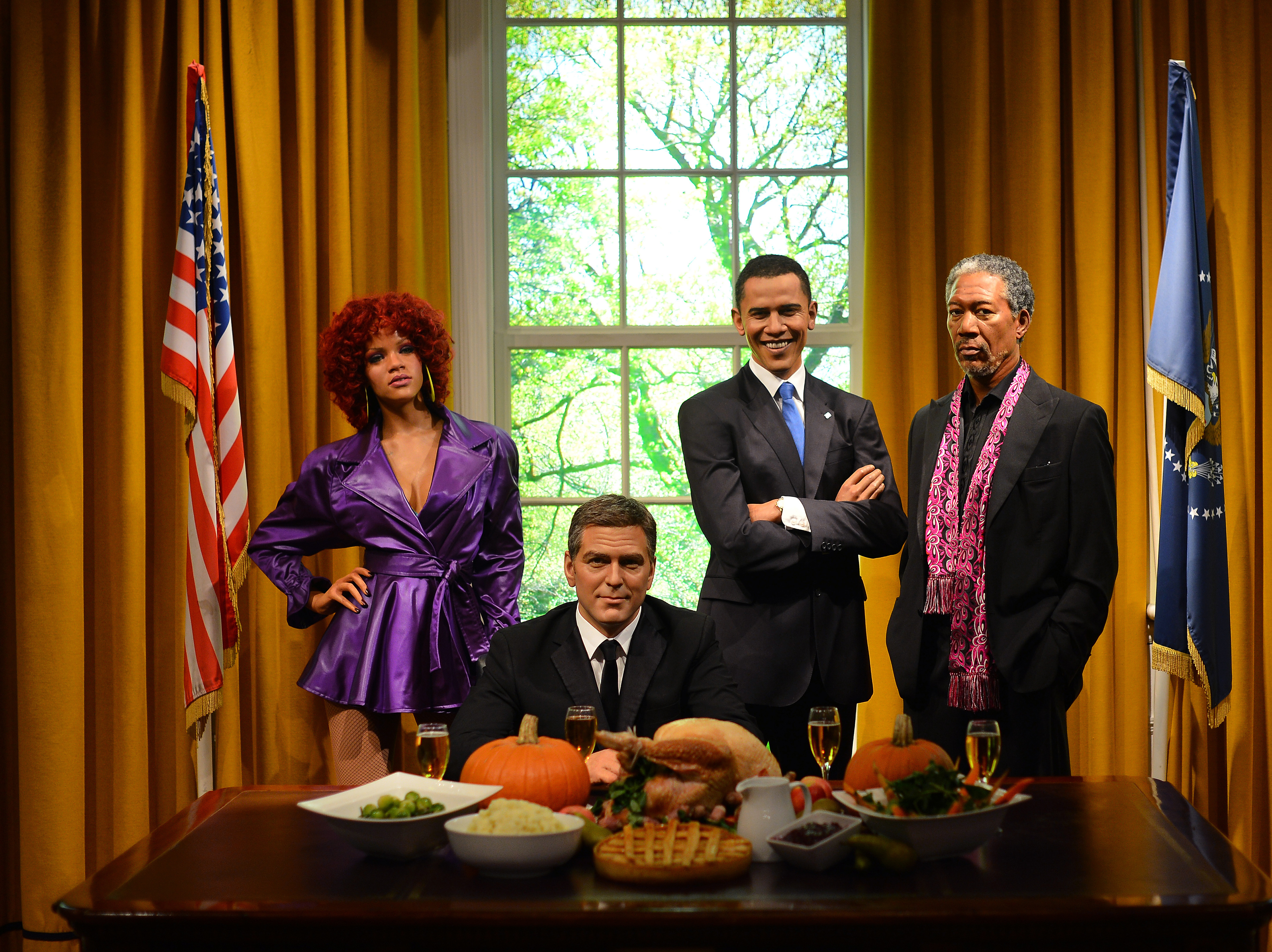 Wax Rihanna, Wax George Clooney, Wax Barack Obama, and Wax Morgan Freeman enjoy Thanksgiving dinner together in November 2012.