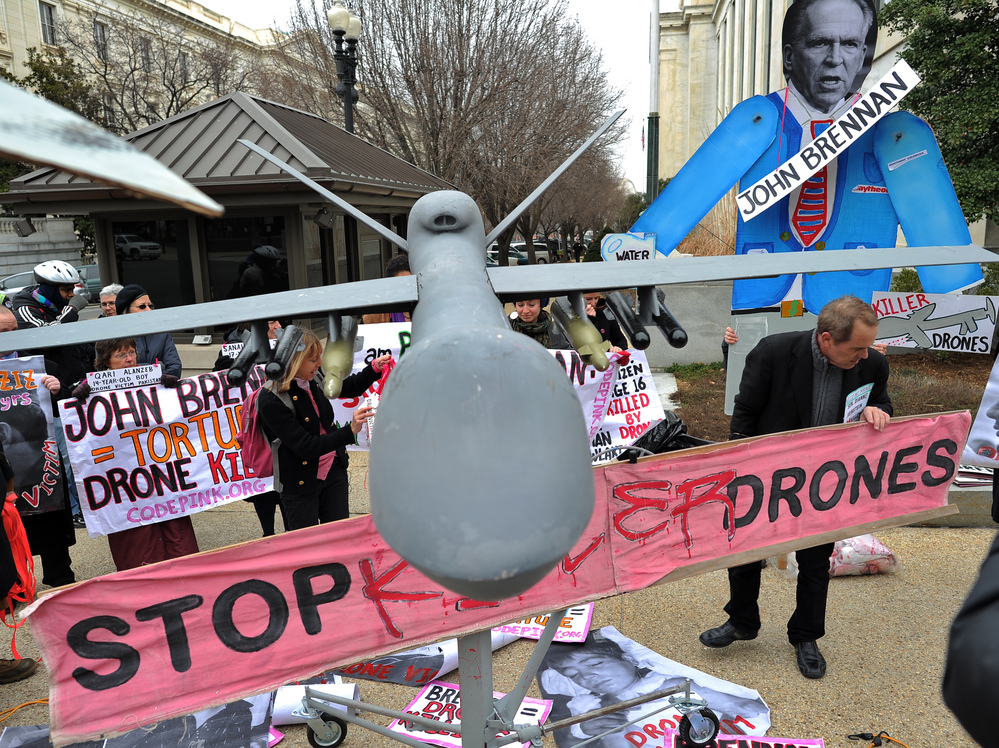 A protest against drone strikes outside the Dirksen Senate Office Building in Washington last week.